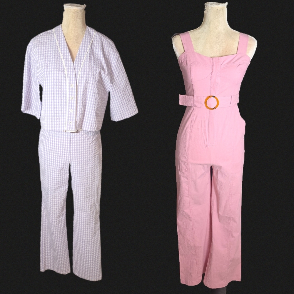 ZARA Womens Clothing Bundle Gingham Set XS/M + Pink Belted Jumpsuit S Lot 3 Pc